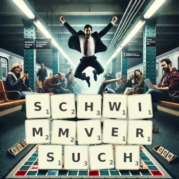 Kreative Illustration für ein Scrabble-Spiel, bei dem das Wort SCHWIMMVERSUCH mit Steinen auf dem Brett gelegt wurde.