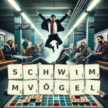 Kreative Illustration für ein Scrabble-Spiel, bei dem das Wort SCHWIMMVÖGEL mit Steinen auf dem Brett gelegt wurde.