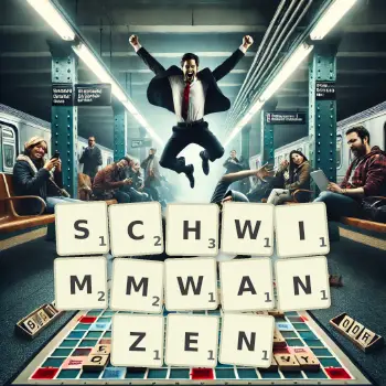 Kreative Illustration für ein Scrabble-Spiel, bei dem das Wort SCHWIMMWANZEN mit Steinen auf dem Brett gelegt wurde.