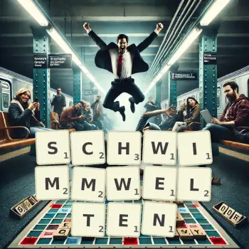 Kreative Illustration für ein Scrabble-Spiel, bei dem das Wort SCHWIMMWELTEN mit Steinen auf dem Brett gelegt wurde.