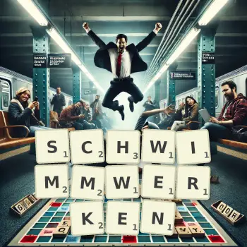 Kreative Illustration für ein Scrabble-Spiel, bei dem das Wort SCHWIMMWERKEN mit Steinen auf dem Brett gelegt wurde.