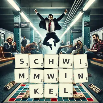 Kreative Illustration für ein Scrabble-Spiel, bei dem das Wort SCHWIMMWINKEL mit Steinen auf dem Brett gelegt wurde.