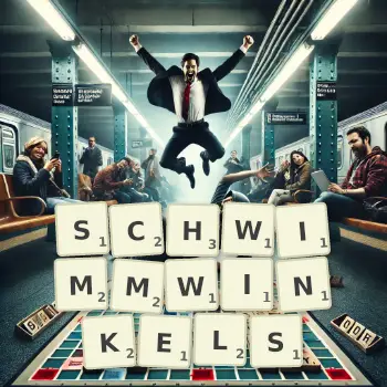 Kreative Illustration für ein Scrabble-Spiel, bei dem das Wort SCHWIMMWINKELS mit Steinen auf dem Brett gelegt wurde.