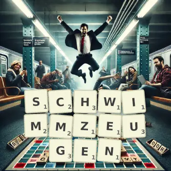 Kreative Illustration für ein Scrabble-Spiel, bei dem das Wort SCHWIMMZEUGEN mit Steinen auf dem Brett gelegt wurde.