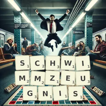 Kreative Illustration für ein Scrabble-Spiel, bei dem das Wort SCHWIMMZEUGNIS mit Steinen auf dem Brett gelegt wurde.
