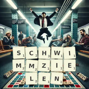 Kreative Illustration für ein Scrabble-Spiel, bei dem das Wort SCHWIMMZIELEN mit Steinen auf dem Brett gelegt wurde.