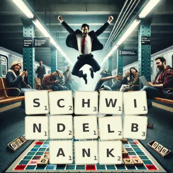 Kreative Illustration für ein Scrabble-Spiel, bei dem das Wort SCHWINDELBANK mit Steinen auf dem Brett gelegt wurde.