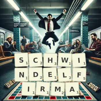 Kreative Illustration für ein Scrabble-Spiel, bei dem das Wort SCHWINDELFIRMA mit Steinen auf dem Brett gelegt wurde.