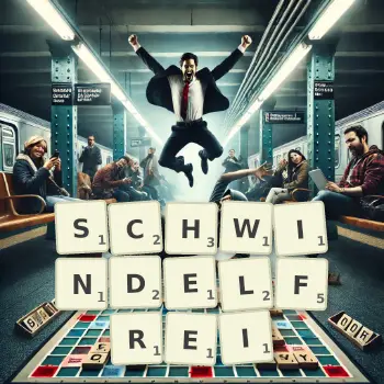 Kreative Illustration für ein Scrabble-Spiel, bei dem das Wort SCHWINDELFREI mit Steinen auf dem Brett gelegt wurde.