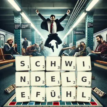 Kreative Illustration für ein Scrabble-Spiel, bei dem das Wort SCHWINDELGEFÜHL mit Steinen auf dem Brett gelegt wurde.