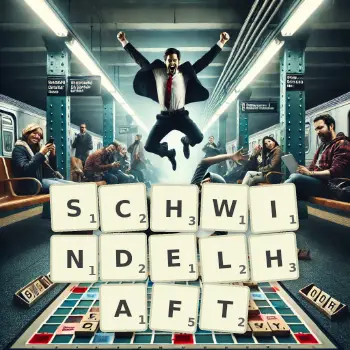 Kreative Illustration für ein Scrabble-Spiel, bei dem das Wort SCHWINDELHAFT mit Steinen auf dem Brett gelegt wurde.