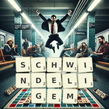 Kreative Illustration für ein Scrabble-Spiel, bei dem das Wort SCHWINDELIGEM mit Steinen auf dem Brett gelegt wurde.