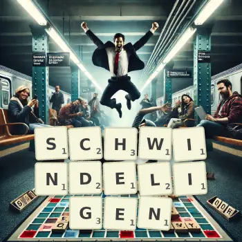 Kreative Illustration für ein Scrabble-Spiel, bei dem das Wort SCHWINDELIGEN mit Steinen auf dem Brett gelegt wurde.