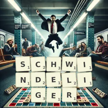 Kreative Illustration für ein Scrabble-Spiel, bei dem das Wort SCHWINDELIGER mit Steinen auf dem Brett gelegt wurde.