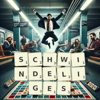 Kreative Illustration für ein Scrabble-Spiel, bei dem das Wort SCHWINDELIGES mit Steinen auf dem Brett gelegt wurde.