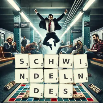 Kreative Illustration für ein Scrabble-Spiel, bei dem das Wort SCHWINDELNDES mit Steinen auf dem Brett gelegt wurde.