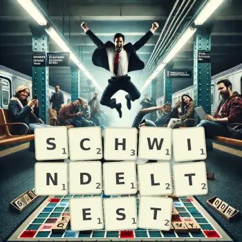 Kreative Illustration für ein Scrabble-Spiel, bei dem das Wort SCHWINDELTEST mit Steinen auf dem Brett gelegt wurde.