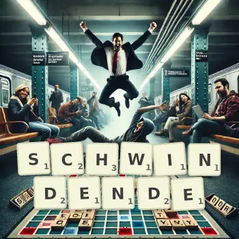 Kreative Illustration für ein Scrabble-Spiel, bei dem das Wort SCHWINDENDE mit Steinen auf dem Brett gelegt wurde.