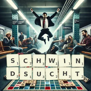 Kreative Illustration für ein Scrabble-Spiel, bei dem das Wort SCHWINDSUCHT mit Steinen auf dem Brett gelegt wurde.