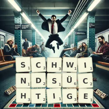 Kreative Illustration für ein Scrabble-Spiel, bei dem das Wort SCHWINDSÜCHTIGE mit Steinen auf dem Brett gelegt wurde.
