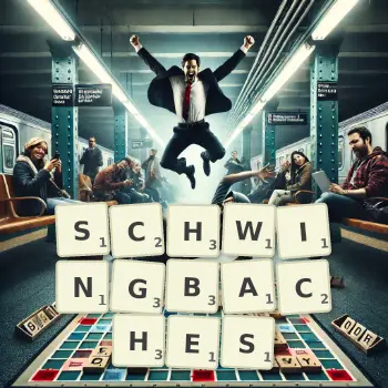 Kreative Illustration für ein Scrabble-Spiel, bei dem das Wort SCHWINGBACHES mit Steinen auf dem Brett gelegt wurde.