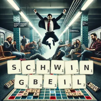Kreative Illustration für ein Scrabble-Spiel, bei dem das Wort SCHWINGBEIL mit Steinen auf dem Brett gelegt wurde.