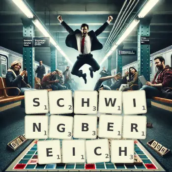 Kreative Illustration für ein Scrabble-Spiel, bei dem das Wort SCHWINGBEREICH mit Steinen auf dem Brett gelegt wurde.
