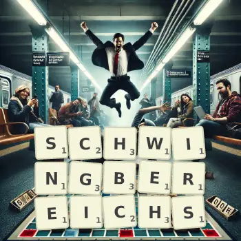 Kreative Illustration für ein Scrabble-Spiel, bei dem das Wort SCHWINGBEREICHS mit Steinen auf dem Brett gelegt wurde.