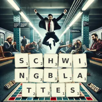 Kreative Illustration für ein Scrabble-Spiel, bei dem das Wort SCHWINGBLATTES mit Steinen auf dem Brett gelegt wurde.