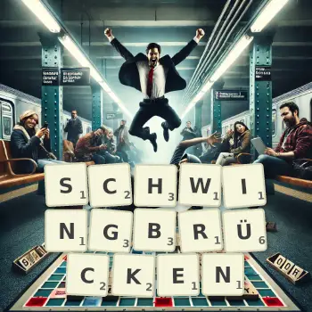 Kreative Illustration für ein Scrabble-Spiel, bei dem das Wort SCHWINGBRÜCKEN mit Steinen auf dem Brett gelegt wurde.