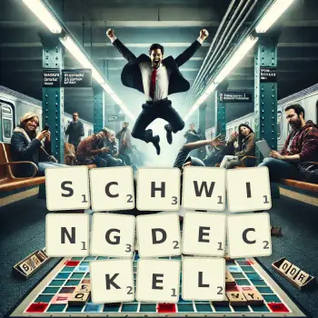 Kreative Illustration für ein Scrabble-Spiel, bei dem das Wort SCHWINGDECKEL mit Steinen auf dem Brett gelegt wurde.