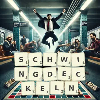 Kreative Illustration für ein Scrabble-Spiel, bei dem das Wort SCHWINGDECKELN mit Steinen auf dem Brett gelegt wurde.