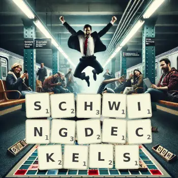 Kreative Illustration für ein Scrabble-Spiel, bei dem das Wort SCHWINGDECKELS mit Steinen auf dem Brett gelegt wurde.