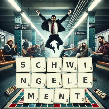 Kreative Illustration für ein Scrabble-Spiel, bei dem das Wort SCHWINGELEMENT mit Steinen auf dem Brett gelegt wurde.