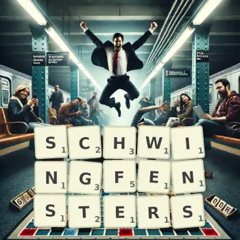 Kreative Illustration für ein Scrabble-Spiel, bei dem das Wort SCHWINGFENSTERS mit Steinen auf dem Brett gelegt wurde.