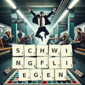 Kreative Illustration für ein Scrabble-Spiel, bei dem das Wort SCHWINGFLIEGEN mit Steinen auf dem Brett gelegt wurde.