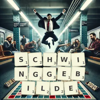 Kreative Illustration für ein Scrabble-Spiel, bei dem das Wort SCHWINGGEBILDE mit Steinen auf dem Brett gelegt wurde.