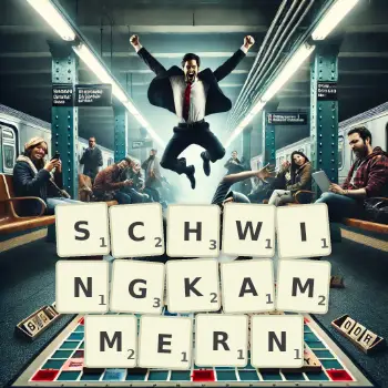 Kreative Illustration für ein Scrabble-Spiel, bei dem das Wort SCHWINGKAMMERN mit Steinen auf dem Brett gelegt wurde.