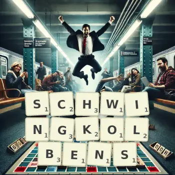 Kreative Illustration für ein Scrabble-Spiel, bei dem das Wort SCHWINGKOLBENS mit Steinen auf dem Brett gelegt wurde.