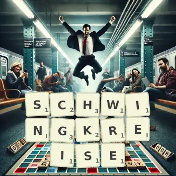 Kreative Illustration für ein Scrabble-Spiel, bei dem das Wort SCHWINGKREISE mit Steinen auf dem Brett gelegt wurde.