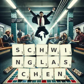 Kreative Illustration für ein Scrabble-Spiel, bei dem das Wort SCHWINGLASCHEN mit Steinen auf dem Brett gelegt wurde.