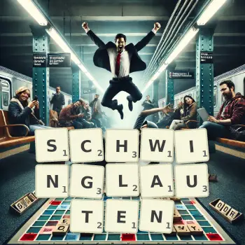 Kreative Illustration für ein Scrabble-Spiel, bei dem das Wort SCHWINGLAUTEN mit Steinen auf dem Brett gelegt wurde.