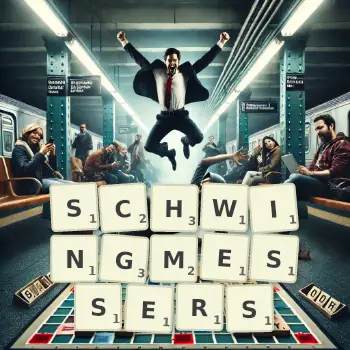 Kreative Illustration für ein Scrabble-Spiel, bei dem das Wort SCHWINGMESSERS mit Steinen auf dem Brett gelegt wurde.