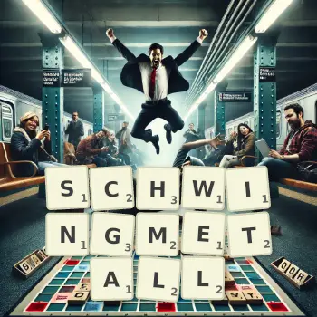 Kreative Illustration für ein Scrabble-Spiel, bei dem das Wort SCHWINGMETALL mit Steinen auf dem Brett gelegt wurde.