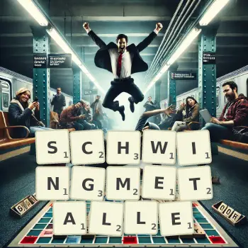 Kreative Illustration für ein Scrabble-Spiel, bei dem das Wort SCHWINGMETALLE mit Steinen auf dem Brett gelegt wurde.