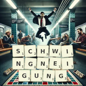 Kreative Illustration für ein Scrabble-Spiel, bei dem das Wort SCHWINGNEIGUNG mit Steinen auf dem Brett gelegt wurde.