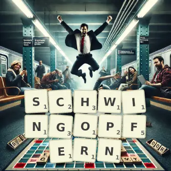 Kreative Illustration für ein Scrabble-Spiel, bei dem das Wort SCHWINGOPFERN mit Steinen auf dem Brett gelegt wurde.