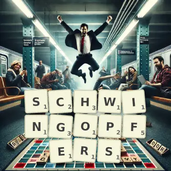 Kreative Illustration für ein Scrabble-Spiel, bei dem das Wort SCHWINGOPFERS mit Steinen auf dem Brett gelegt wurde.