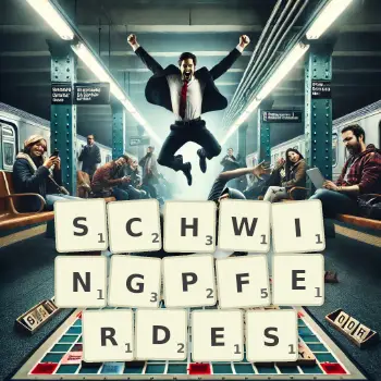 Kreative Illustration für ein Scrabble-Spiel, bei dem das Wort SCHWINGPFERDES mit Steinen auf dem Brett gelegt wurde.