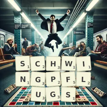 Kreative Illustration für ein Scrabble-Spiel, bei dem das Wort SCHWINGPFLUGS mit Steinen auf dem Brett gelegt wurde.